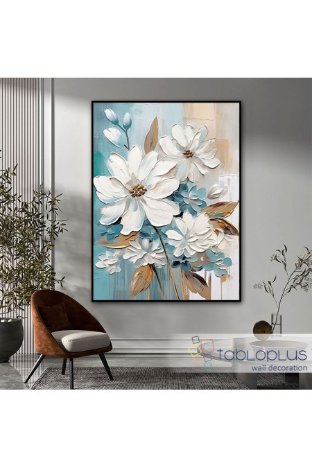 White Blue Flowers 3D Heavy Textured Partial Oil Painting